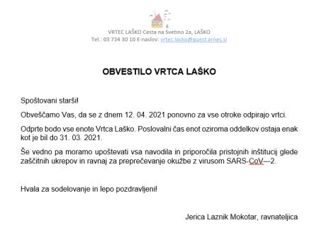 Vrtec Laško tako obvešča